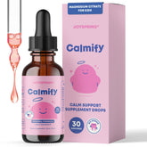 JoySpring Calmify liquid bottle closeup shows kid-friendly calming formula