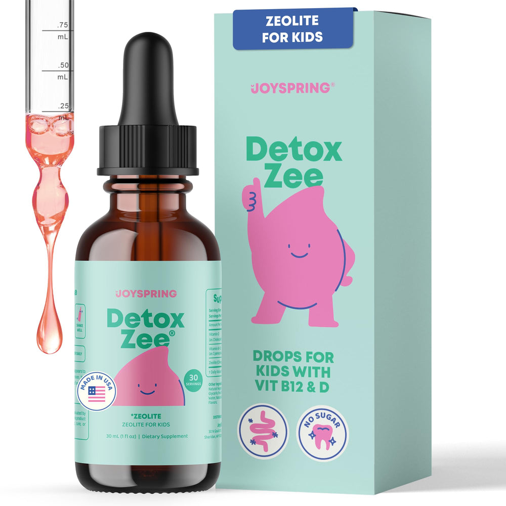 JoySpring DetoxZee Kids drops bottle close-up for daily wellness.