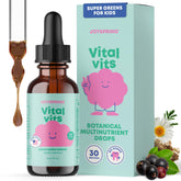 JoySpring Vital Vits bottle label highlighting natural ingredients for daily kid nutrition.