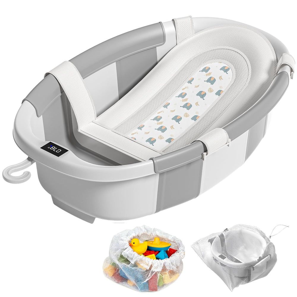 JoyYum collapsible baby bathtub with soft cushion for infant comfort and safety