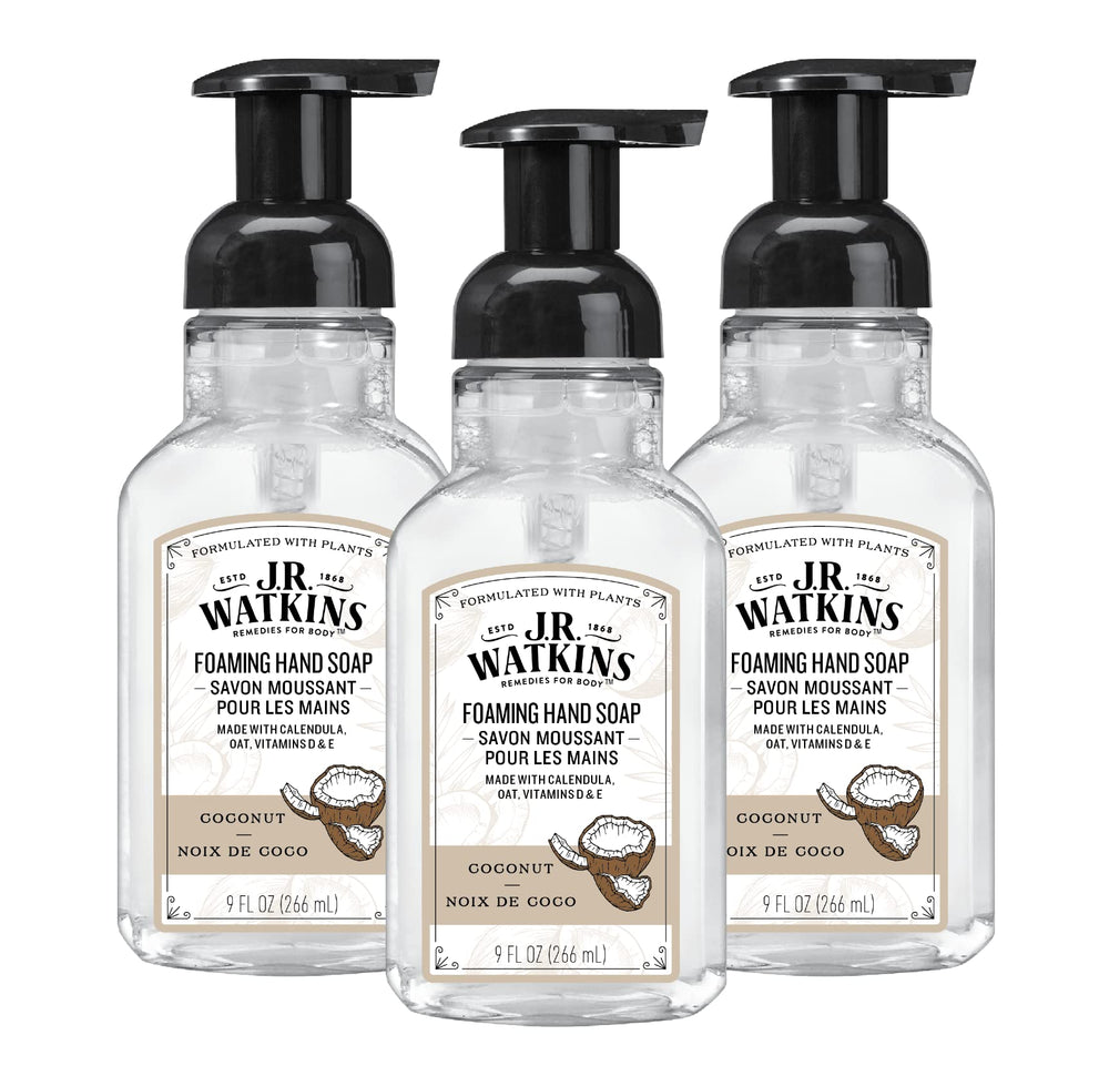 J.R. Watkins foaming hand soap pump with coconut scent for gentle cleansing.