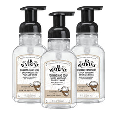 J.R. Watkins foaming hand soap pump with coconut scent for gentle cleansing.