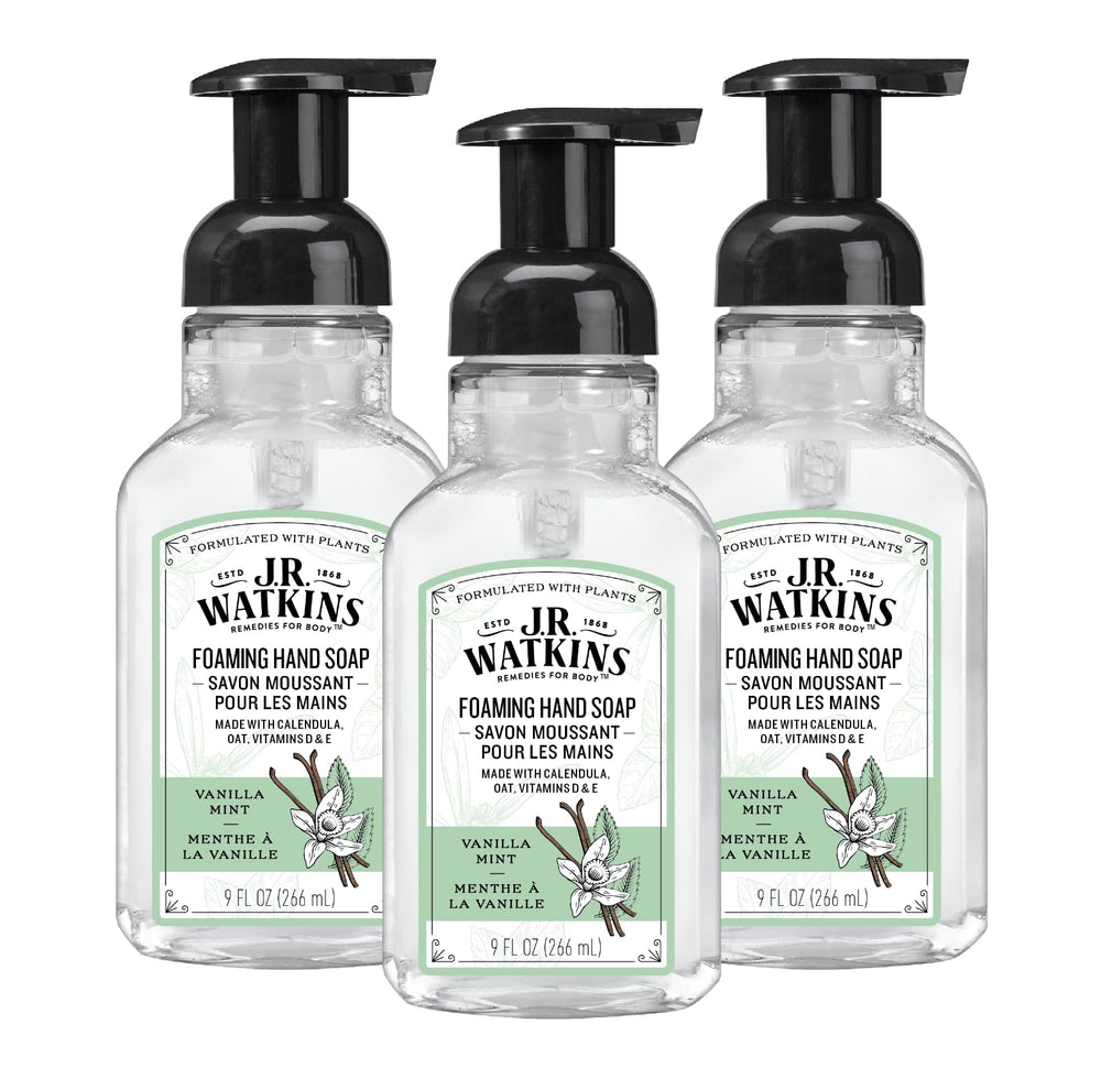 J.R. Watkins Vanilla Mint foaming soap pump delivering gentle moisture