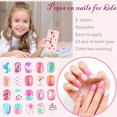Jsiallye flamingo-pattern nails for kids deliver bright design and kid-friendly pre-glued wear.