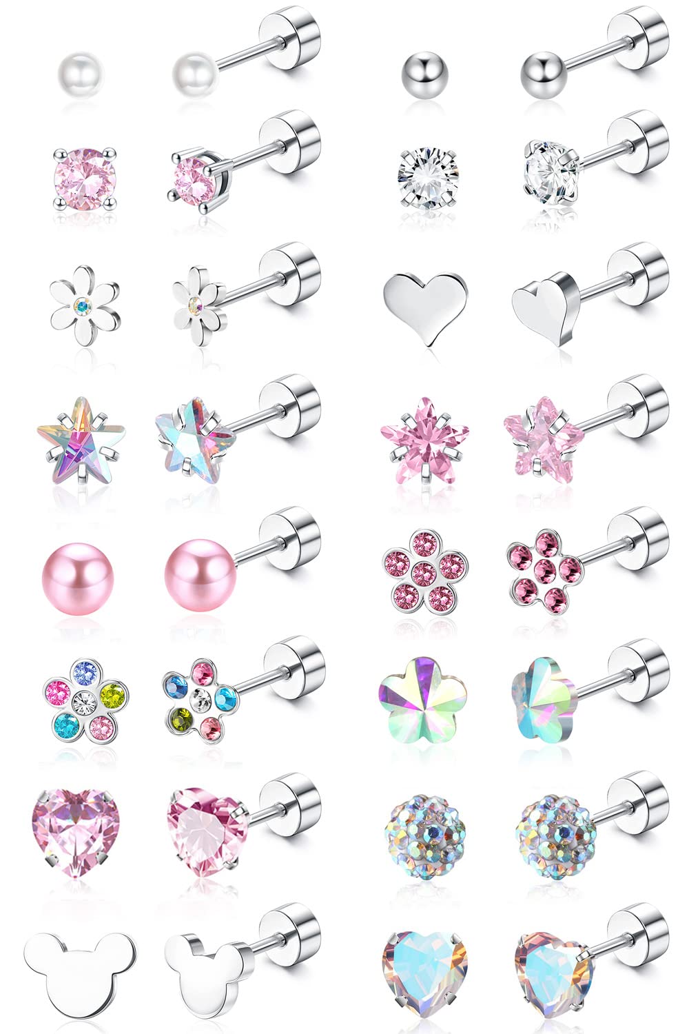Jstyle 16-pair flat-back earrings with cz cartilage studs for everyday wear.
