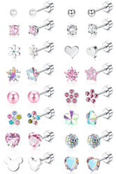 Jstyle 16-pair flat-back earrings with cz cartilage studs for everyday wear.
