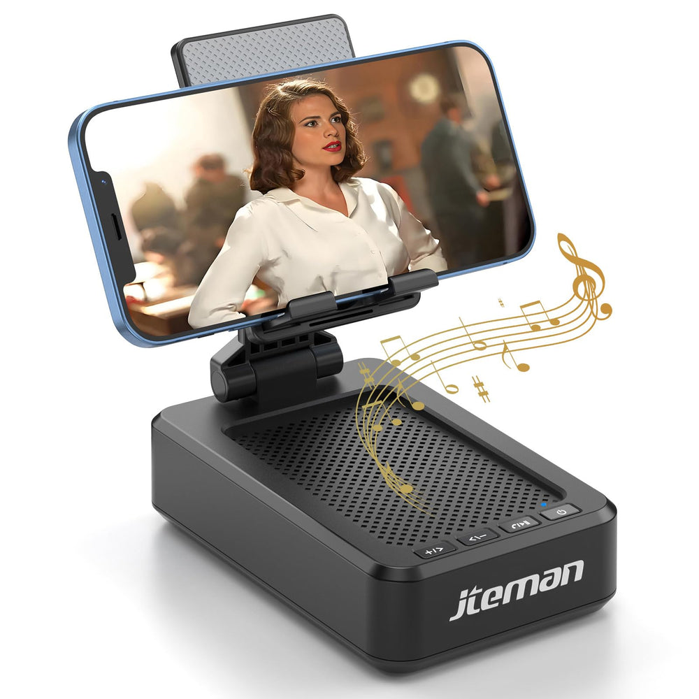 Jteman cell phone stand with wireless speaker on desk for hands-free use.