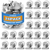 JTIEO 24-pack magnetic clips on fridge showing strong hold for photos and notes