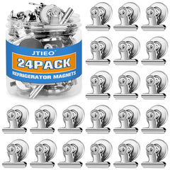 JTIEO 24-pack magnetic clips on fridge showing strong hold for photos and notes