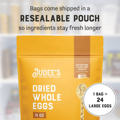 Judee's resealable pouch highlighting freshness and long storage of dried egg powder.