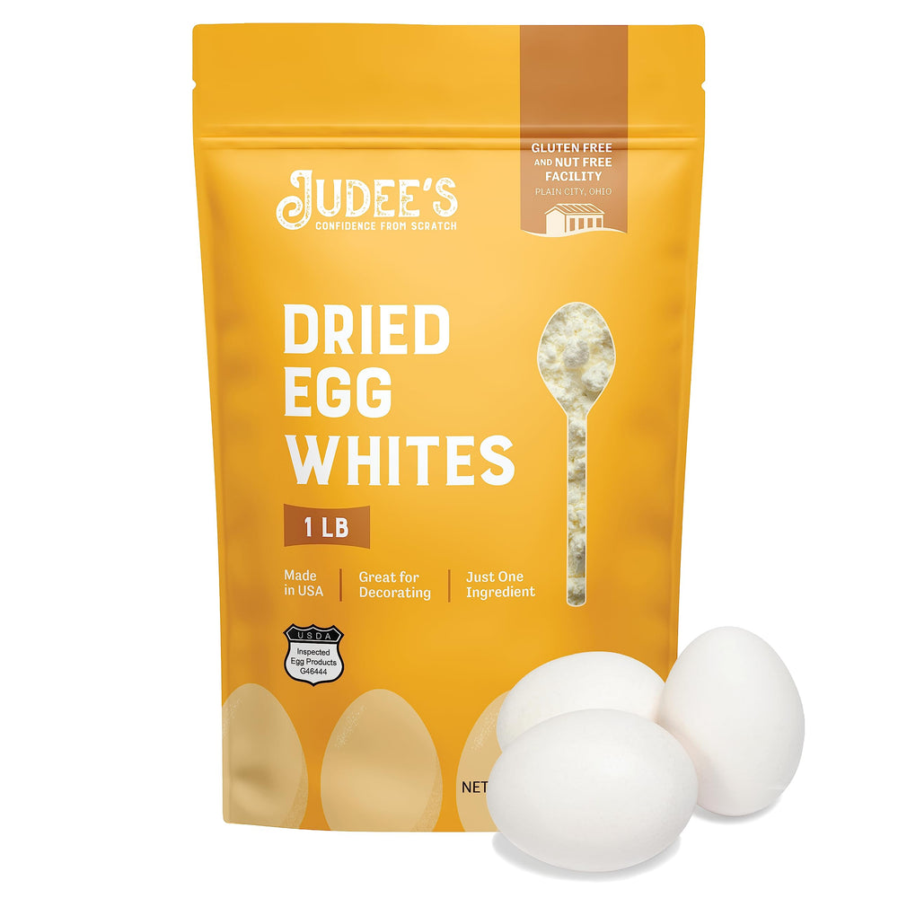 Judee's Gluten Free dried egg white powder pouch supports versatile baking and egg substitute options.
