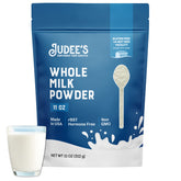 Judee's Gluten Free whole milk powder packaging shown for freshness and convenience.
