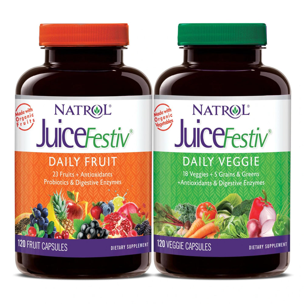 Juice Festiv bottle with fruit and veggie capsules for daily nutrition