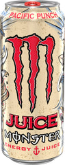 Juice Monster Pacific Punch label close-up, 16 oz can offering convenient energy for adventures.