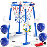 JUKUDAHU floating pool basketball hoop assembly in water for family play.