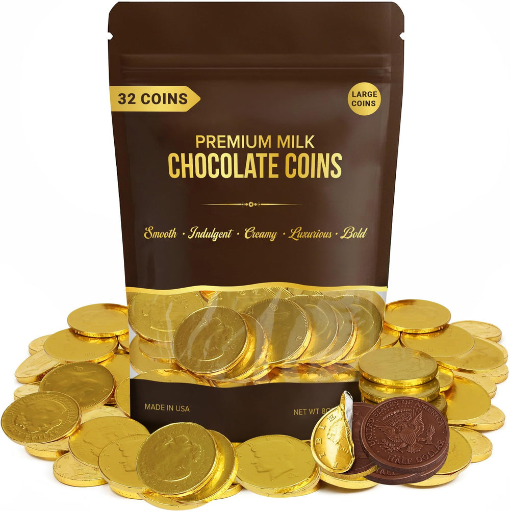 Jumblet large gold coins on display, coin-front, ideal for eye-catching party buffets.