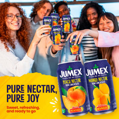 Jumex Mango Nectar label closeup emphasizes fresh fruit puree