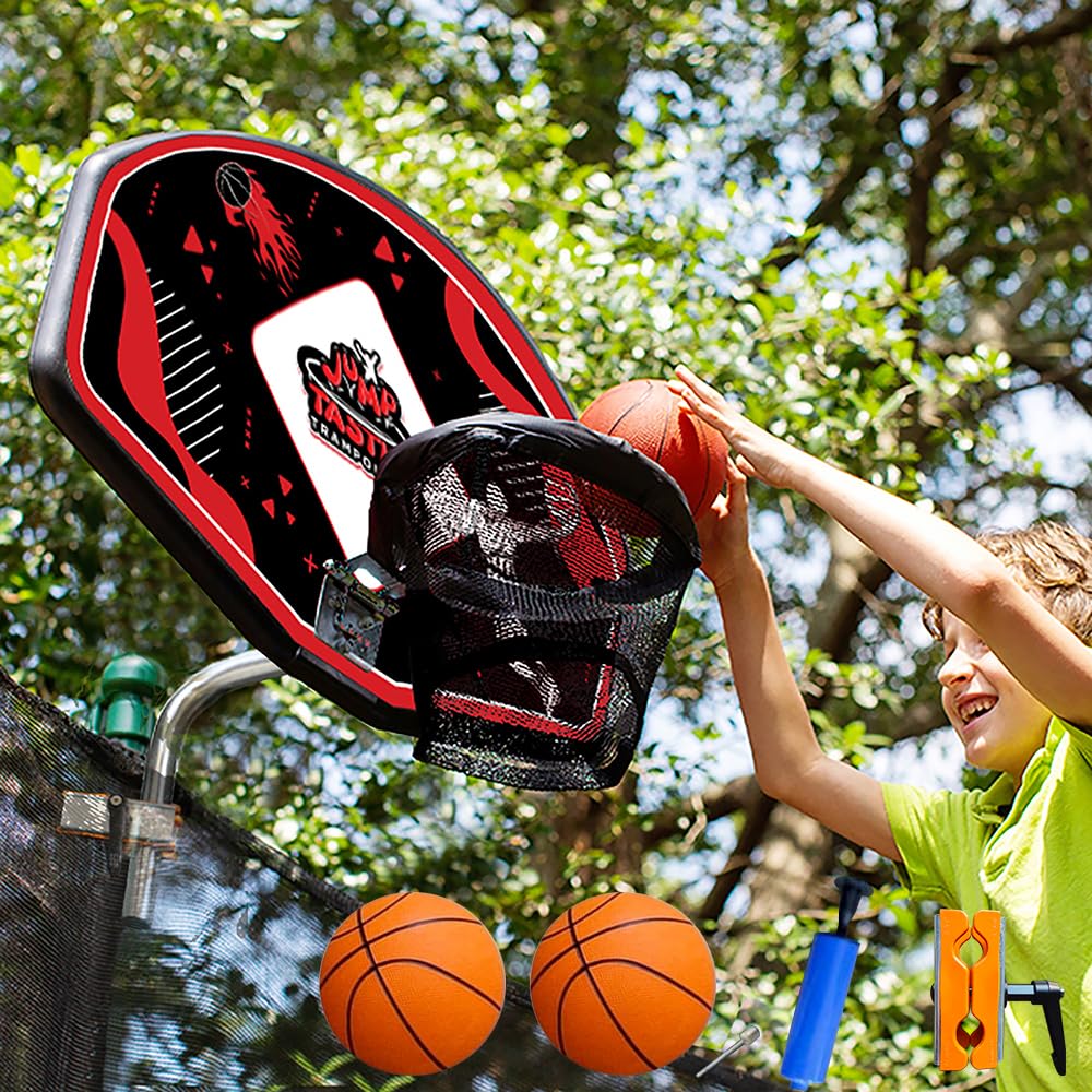 Jump Tastic Trampoline Hoop on a pole with universal clamp for easy setup.