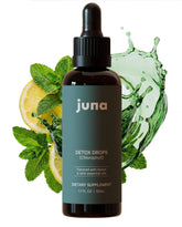 Juna Detox Chlorophyll Drops bottle with lemon mint flavor, inviting spa-like hydration.