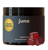 Juna Nightcap gummies bottle promotes plant-based relaxation for a restful night.