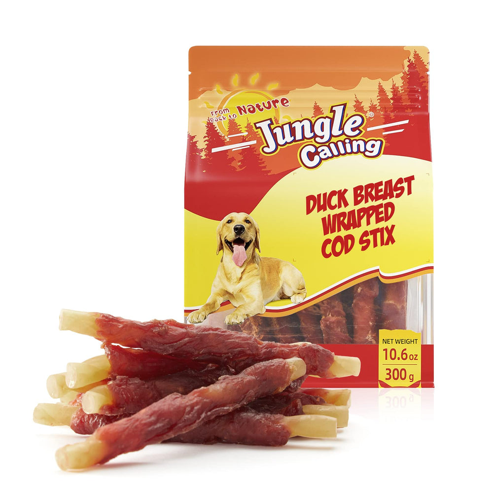 Jungle Calling Duck Wrapped Cod Sticks pack—natural, rawhide-free treats for dogs.