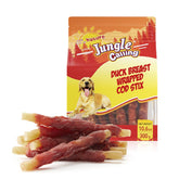 Jungle Calling Duck Wrapped Cod Sticks pack—natural, rawhide-free treats for dogs.
