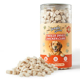 Jungle Calling freeze-dried chicken treats in a jar, convenient pet snack.