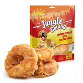 Jungle Calling dog treats: chicken-wrapped rawhide donuts, ideal for extended chewing