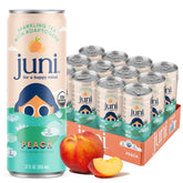 JUNI Peach sparkling bottle close-up with peach aroma and fizz.
