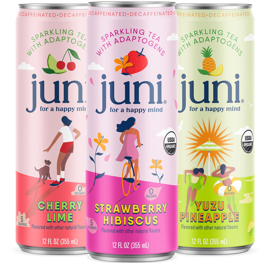 JUNI Sparkling Variety Pack can shown, offering a low-calorie, sugar-free refreshment.