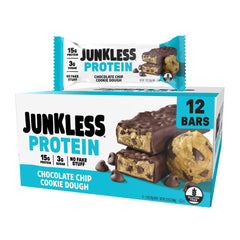 JUNKLESS Chocolate Chip Cookie Dough Bar pack shot highlighting a convenient protein snack