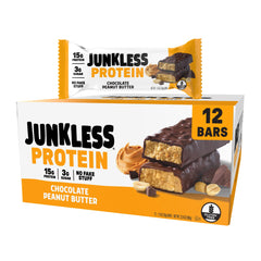 Junkless Chocolate Peanut Butter Bar packaging highlights gluten-free, high-protein snack.