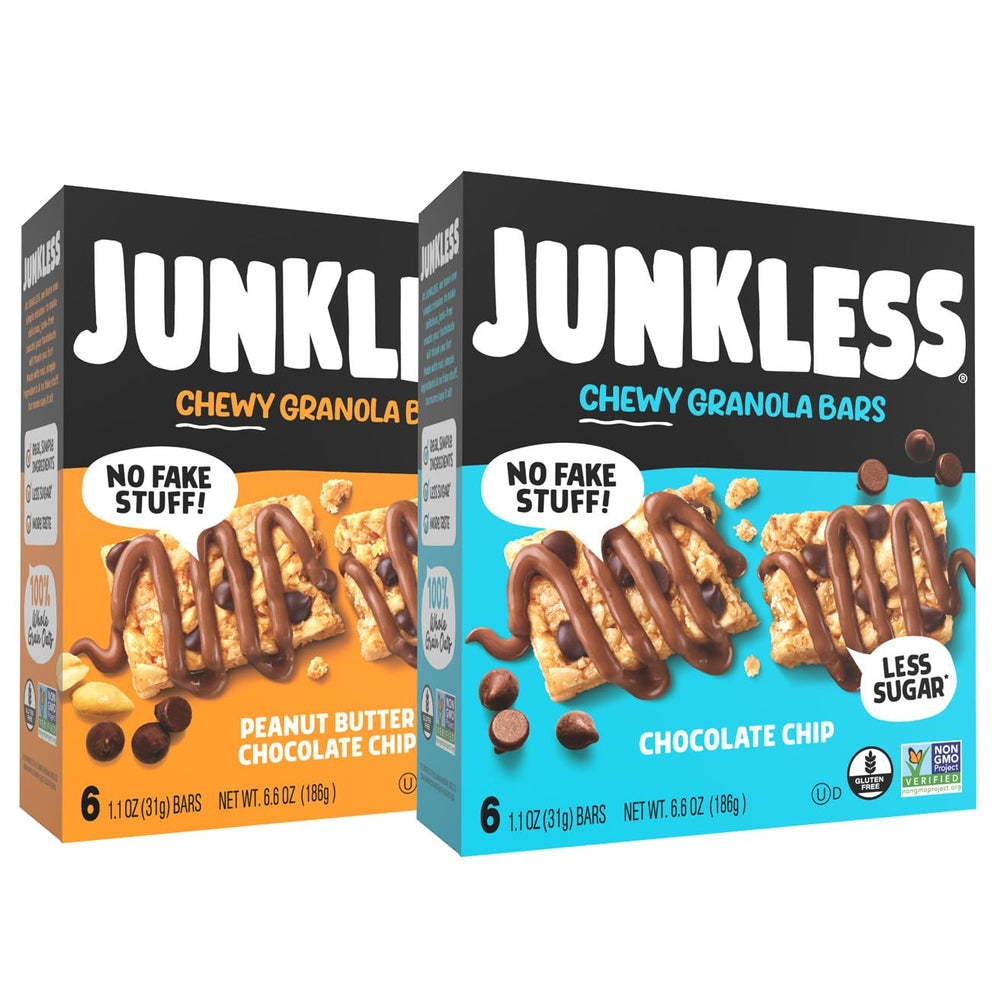 JUNKLESS Classic Chewy Granola Bars chocolate chip and peanut butter chocolate chip packaging for grab-and-go snacks