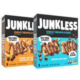 JUNKLESS Classic Chewy Granola Bars chocolate chip and peanut butter chocolate chip packaging for grab-and-go snacks