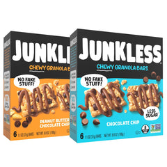 JUNKLESS Classic Chewy Granola Bars chocolate chip and peanut butter chocolate chip packaging for grab-and-go snacks