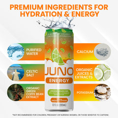 JUNO ENERGY Limeade bottle close-up showing lime flavor and organic caffeine