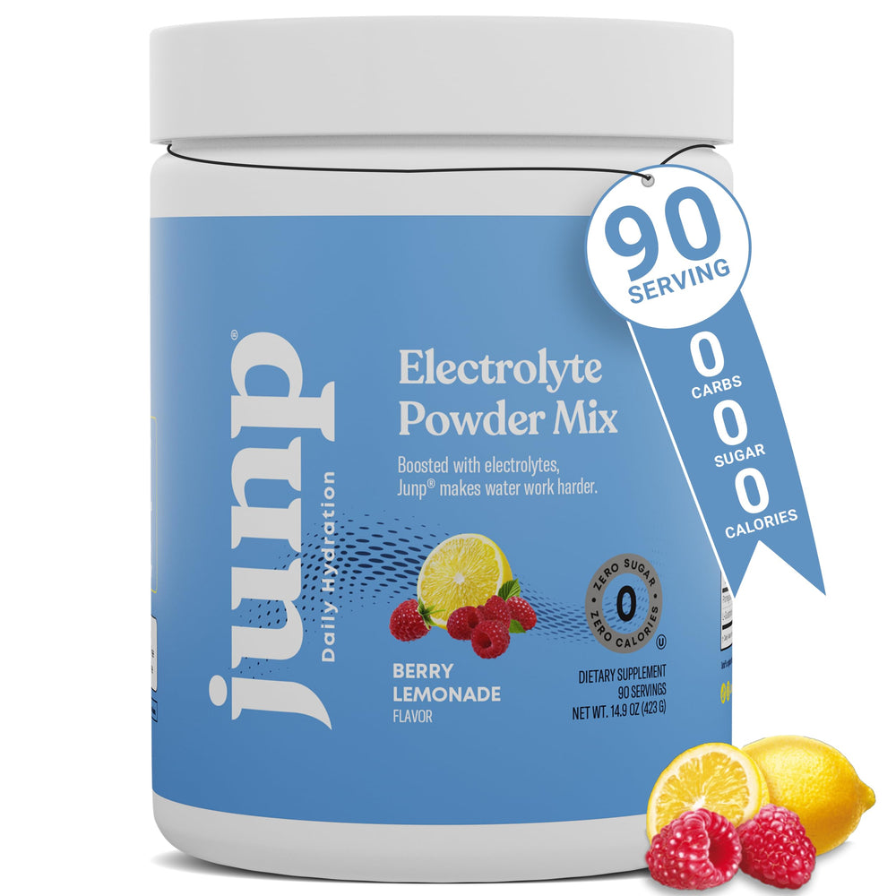 JUNP Berry Lemonade electrolyte powder tub showing vibrant flavor branding for keto hydration
