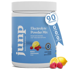 JUNP Berry Lemonade electrolyte powder tub showing vibrant flavor branding for keto hydration