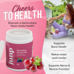 JUNP grape electrolyte powder dissolving in a glass with refreshing color.