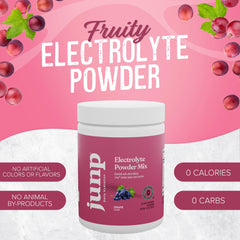 Scoop of JUNP grape electrolyte powder being added to water for quick mix.