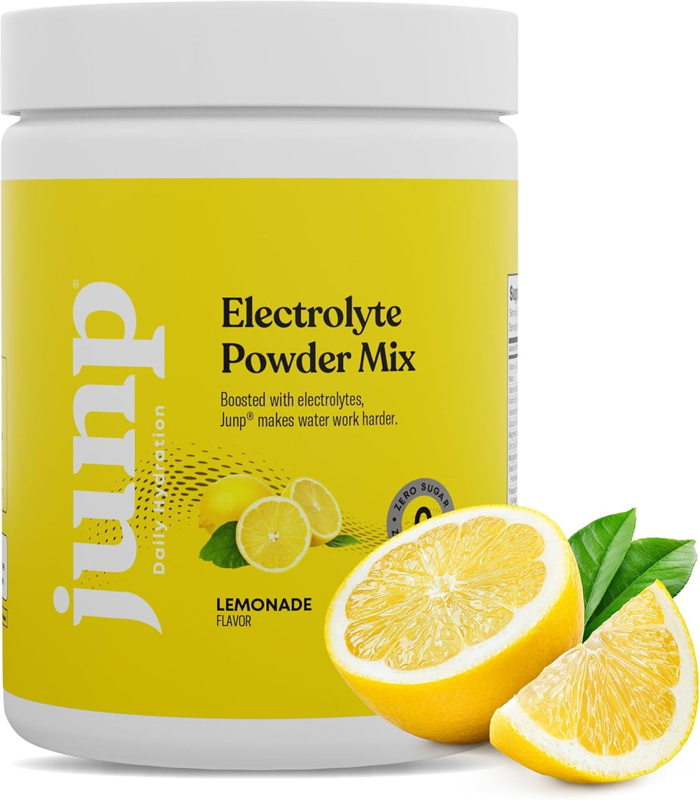 JUNP Lemonade Electrolyte Powder tub for zero-sugar hydration on the go.