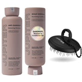Jupiter anti-dandruff shampoo bottle showing flakes reduction and clean scalp.