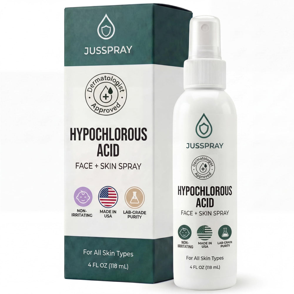Jusspray HOCl face spray bottle shown for daily skin care and cleansing
