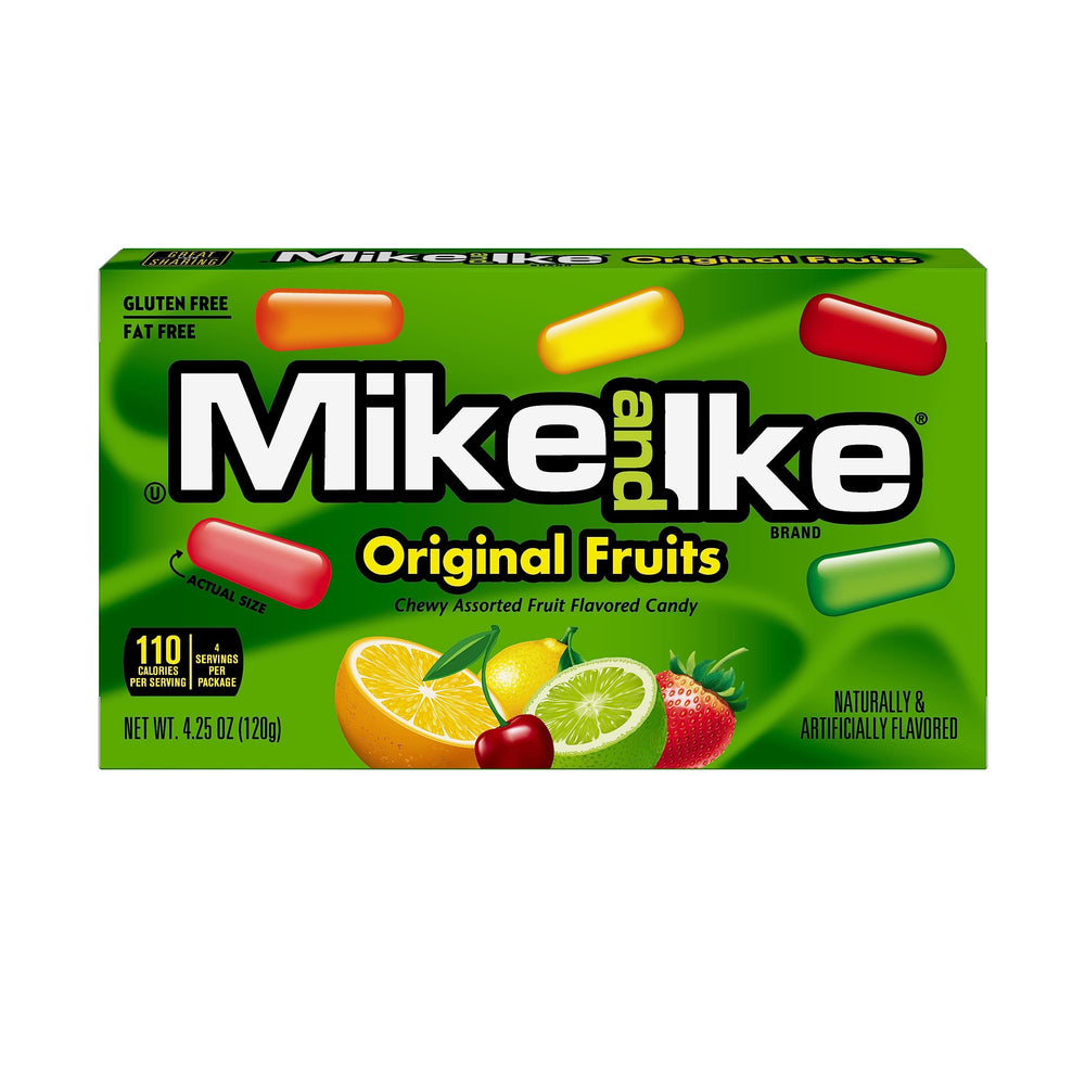 Just Born Mike and Ike Original Fruits theater box front view, perfect for movie-night snacking.