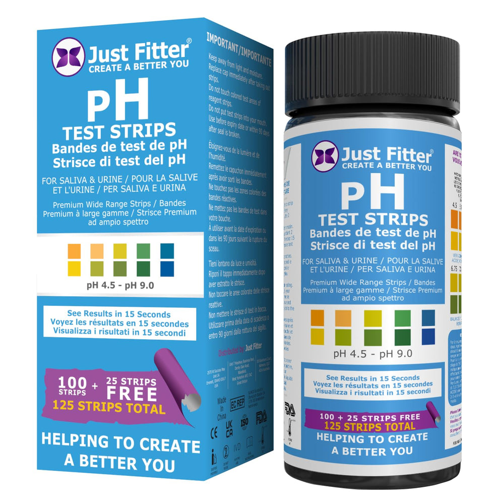 Just Fitter pH test strips kit with color chart for saliva and urine readings.