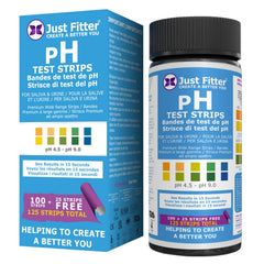 Just Fitter pH test strips kit with color chart for saliva and urine readings.