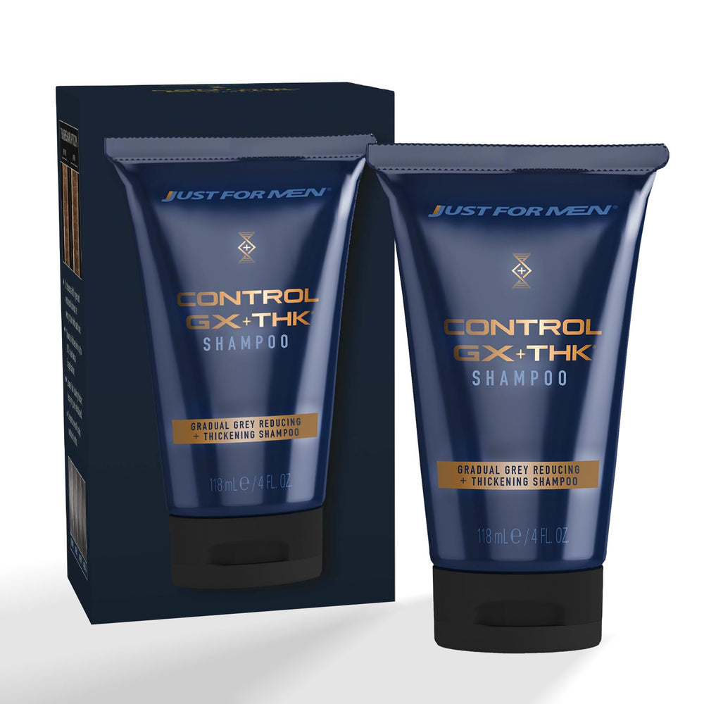 Just for Men CGX + THK bottle pour shows easy daily use for grey reduction and thickening.