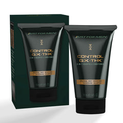 Just for Men Control GX + THK bottle being poured for daily cleansing and grey reduction.