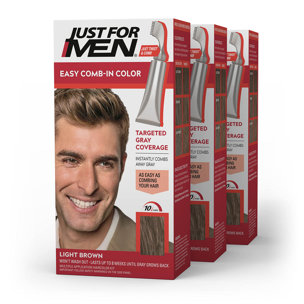 Just For Men Easy Comb-In Color packaging with comb applicator for quick gray coverage.
