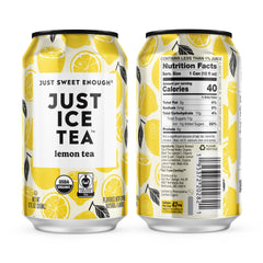 Just Ice Tea lemon-flavored black iced tea can with organic ingredients and fair trade sourcing
